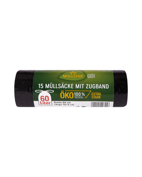 muellstar easy Oeko Muellsaecke 60 Liter, mit Zugband, extra stark, schwarz blickdicht, 64 mal 70 plus 5 cm, 100 Prozent recyceltes Polyethylen